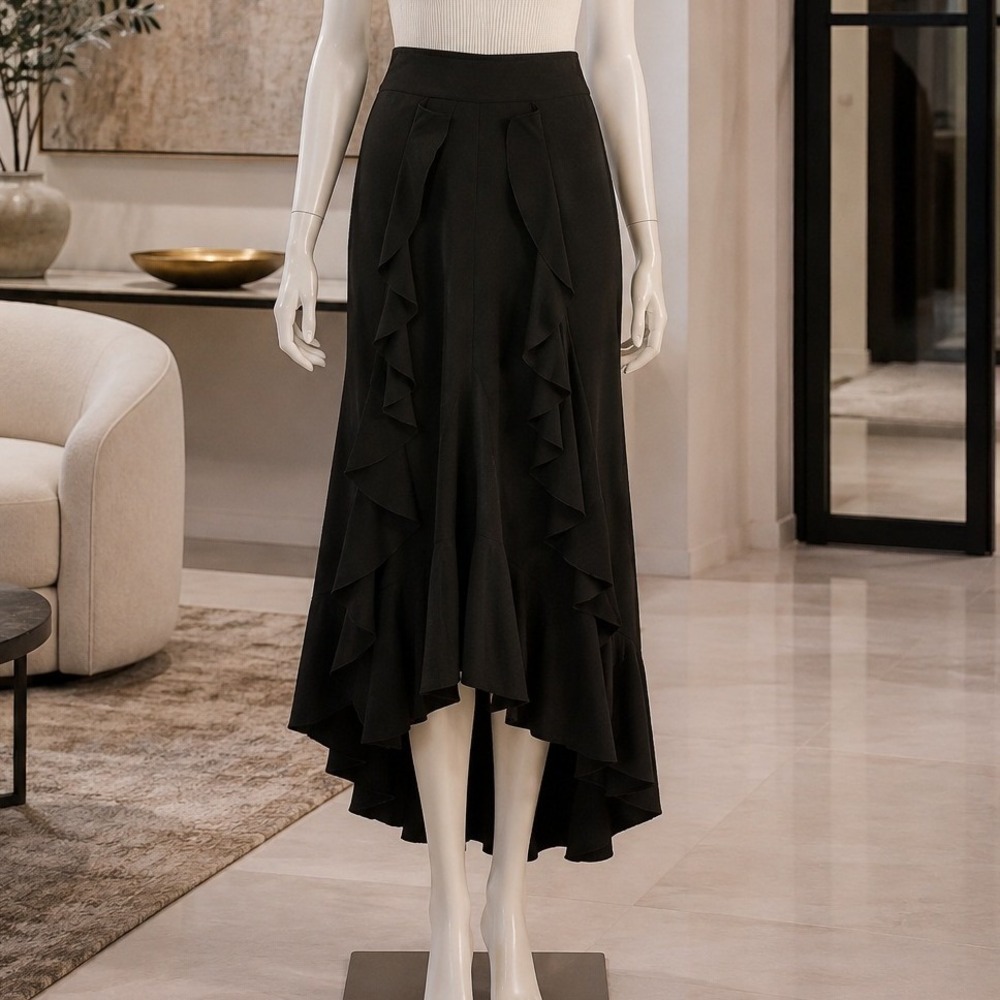 Alexis Womens Wide Leg Pants Black Cascading Ruffle Textured Crepe Size L